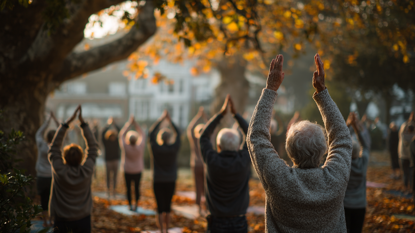 Група людей зрілого віку виконує йогу в спокійній атмосфері